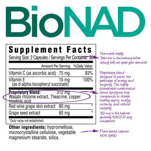 BioNAD nutritional facts label with notes.